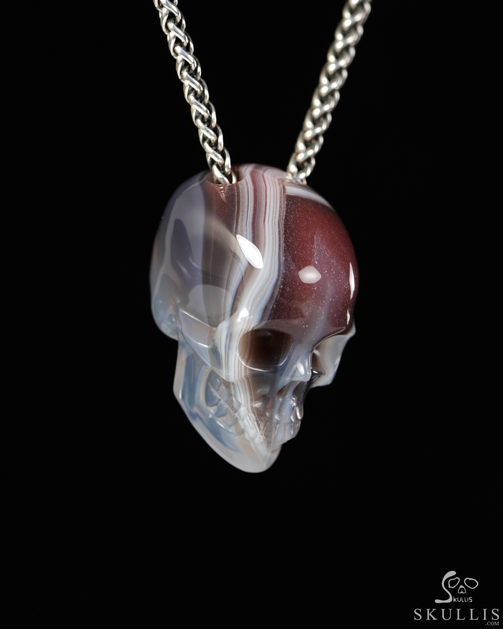 Hollow Essence - 1.4" Mozambique Agate Hand Carved Crystal Skull Pendant, Crystal Healing Skull Jewelry, for Women & Men Hollow Essence - 1.4" Mozambique Agate Hand Carved Crystal Skull Pendant, Crystal Healing Skull Jewelry, for Women & Men