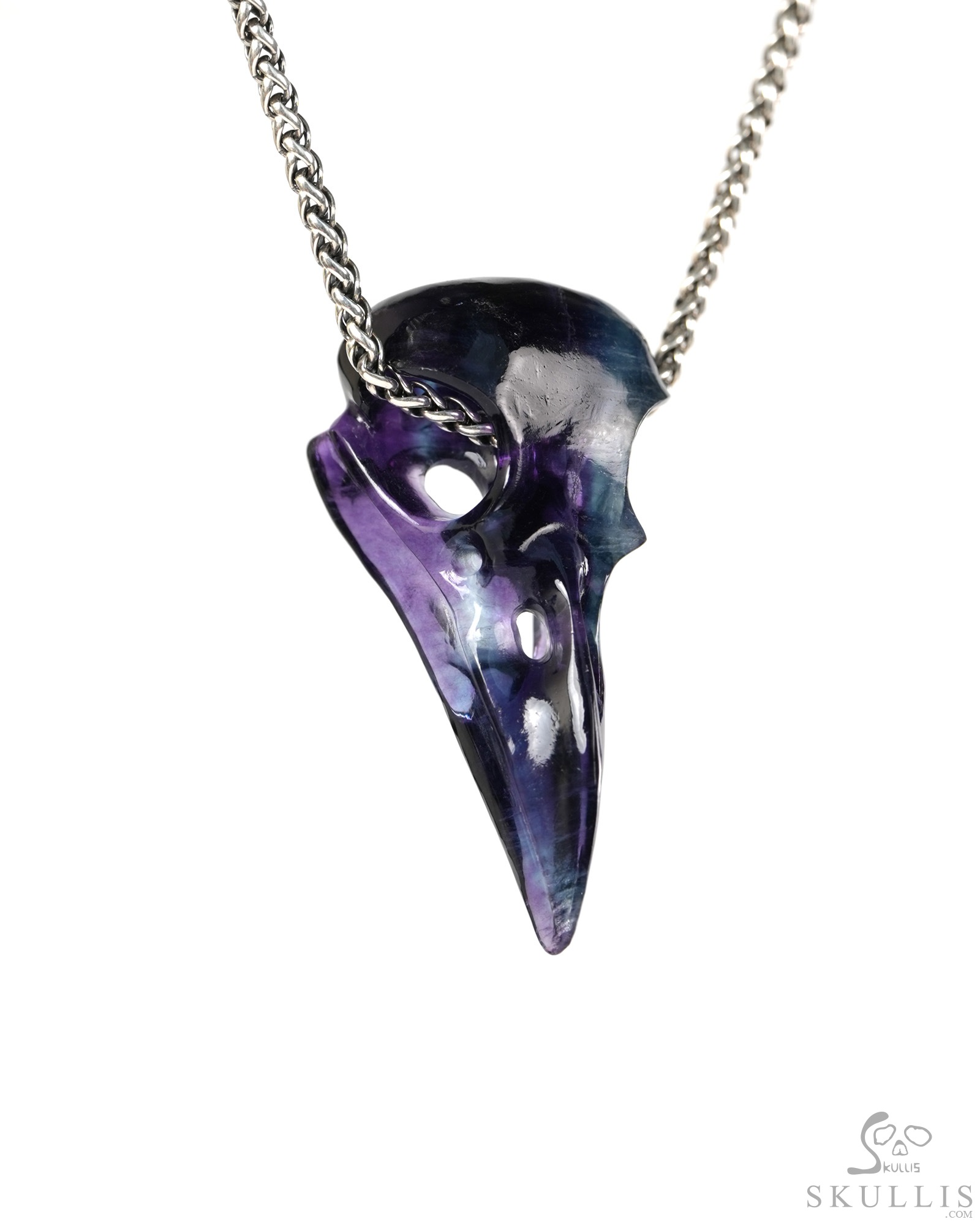 Night Pathfinder - 2.4" Fluorite Hand Carved Crystal Raven Skull Pendant, Crystal Healing Skull Jewelry, for Women & Men Night Pathfinder - 2.4" Fluorite Hand Carved Crystal Raven Skull Pendant, Crystal Healing Skull Jewelry, for Women & Men