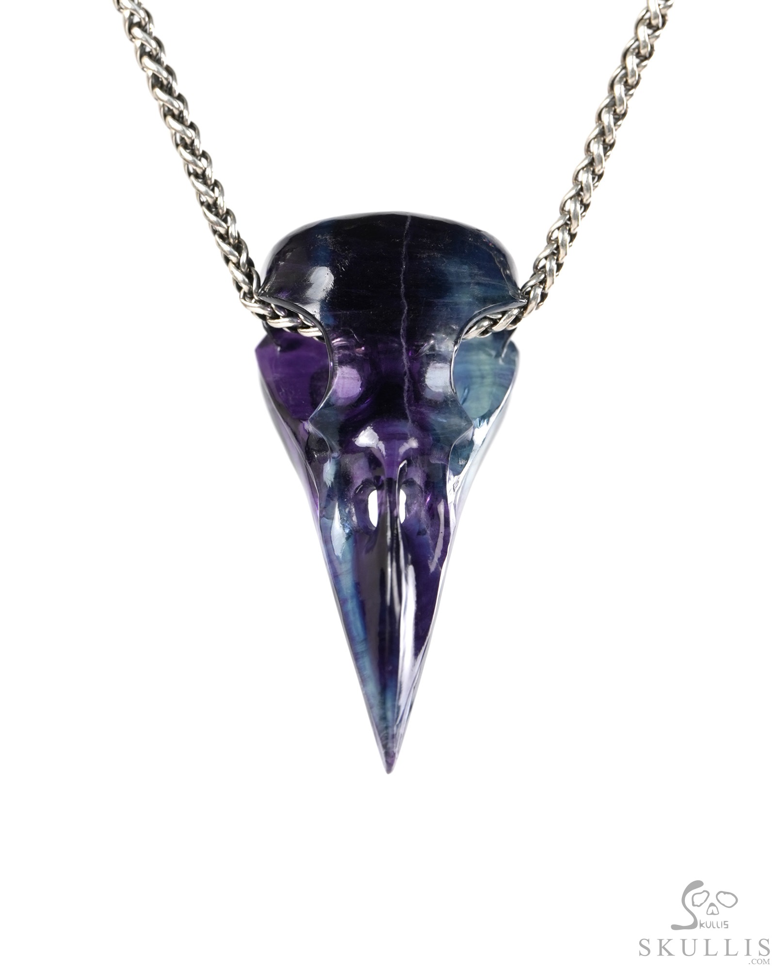 Night Pathfinder - 2.4" Fluorite Hand Carved Crystal Raven Skull Pendant, Crystal Healing Skull Jewelry, for Women & Men Night Pathfinder - 2.4" Fluorite Hand Carved Crystal Raven Skull Pendant, Crystal Healing Skull Jewelry, for Women & Men