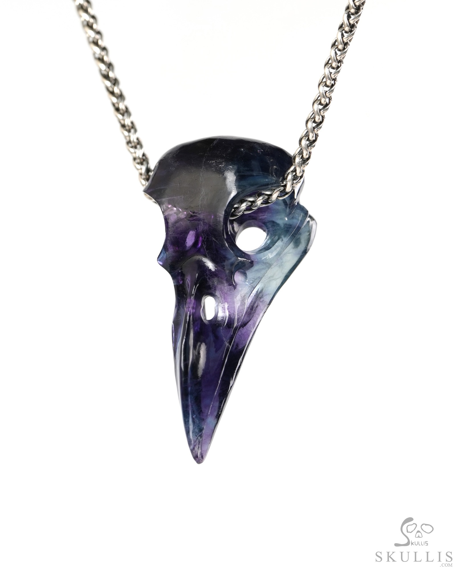 Night Pathfinder - 2.4" Fluorite Hand Carved Crystal Raven Skull Pendant, Crystal Healing Skull Jewelry, for Women & Men Night Pathfinder - 2.4" Fluorite Hand Carved Crystal Raven Skull Pendant, Crystal Healing Skull Jewelry, for Women & Men