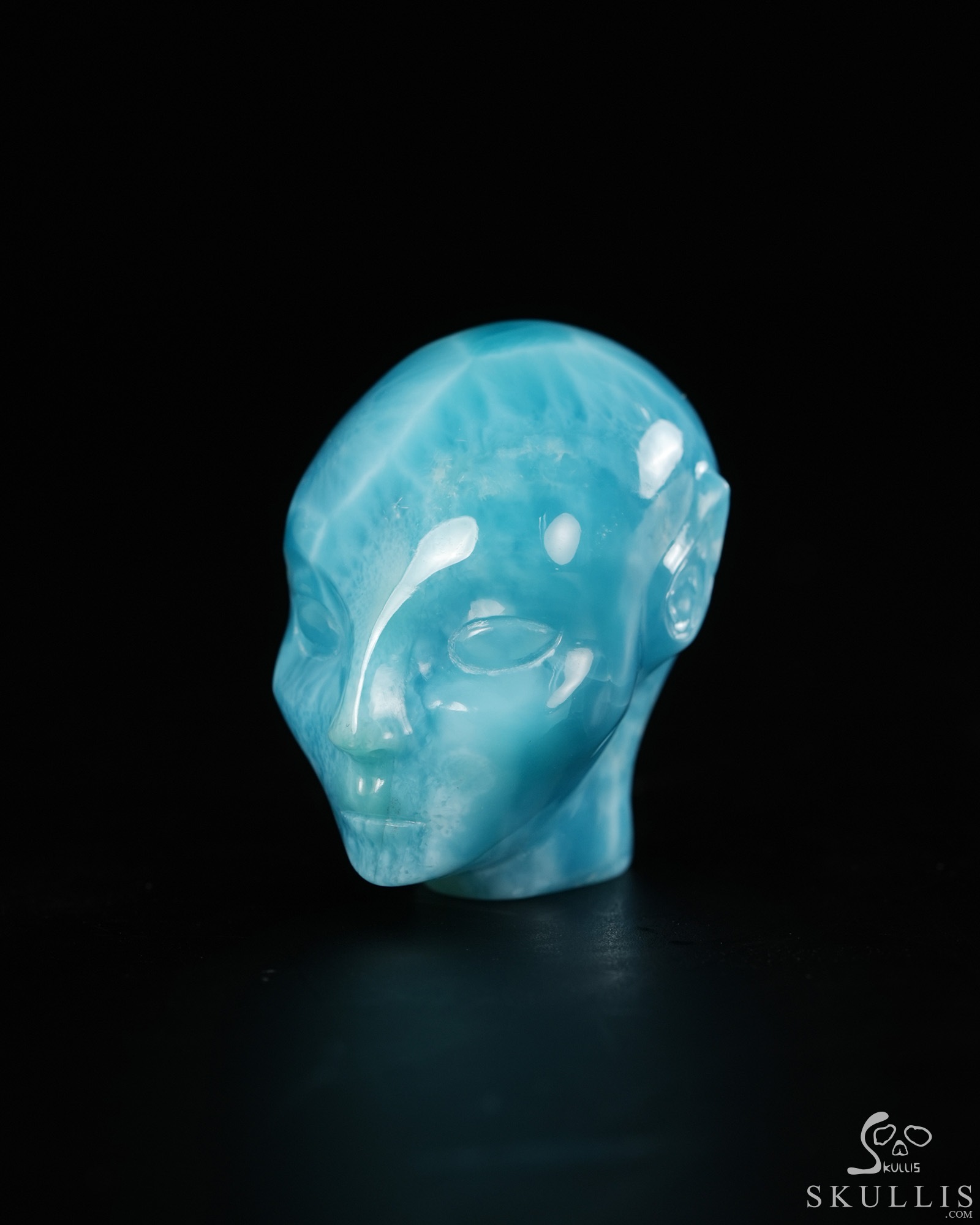 Gemstone 1.5" Larimar Hand Carved Fairy Elf Alien Crystal Skull Companion Sculpture, Crystal Healing Gemstone 1.5" Larimar Hand Carved Fairy Elf Alien Crystal Skull Companion Sculpture, Crystal Healing