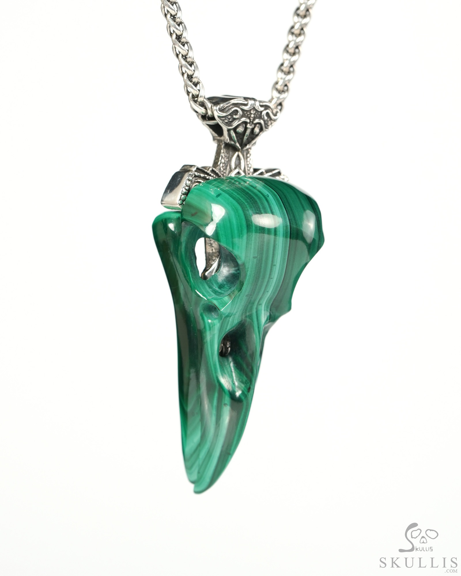 Raven Skull Hidden Sword - 2.6" Malachite Hand Carved Crystal Skull Pendant, Crystal Healing Skull Jewelry, for Women & Men Raven Skull Hidden Sword - 2.6" Malachite Hand Carved Crystal Skull Pendant, Crystal Healing Skull Jewelry, for Women & Men