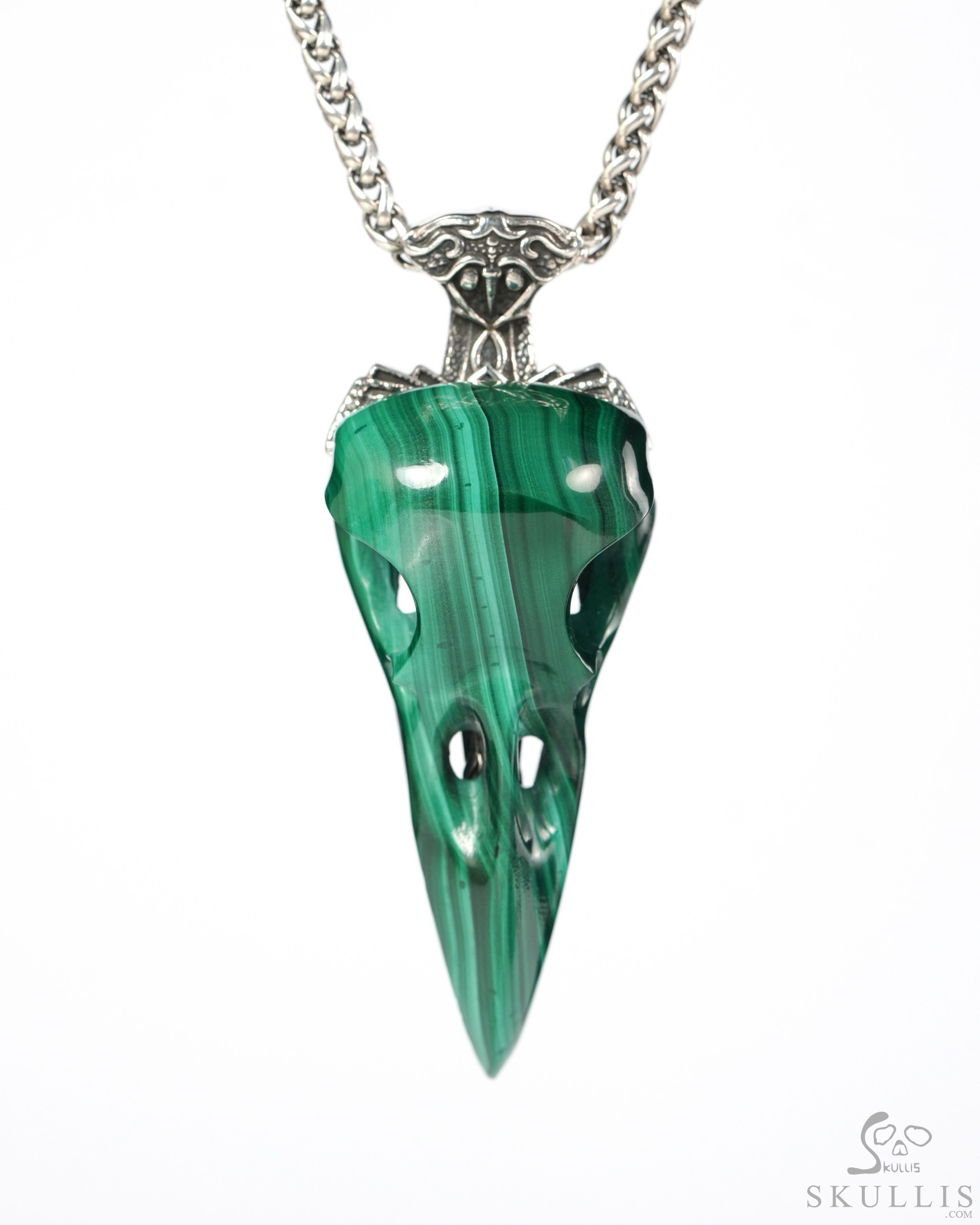Raven Skull Hidden Sword - 2.6" Malachite Hand Carved Crystal Skull Pendant, Crystal Healing Skull Jewelry, for Women & Men Raven Skull Hidden Sword - 2.6" Malachite Hand Carved Crystal Skull Pendant, Crystal Healing Skull Jewelry, for Women & Men