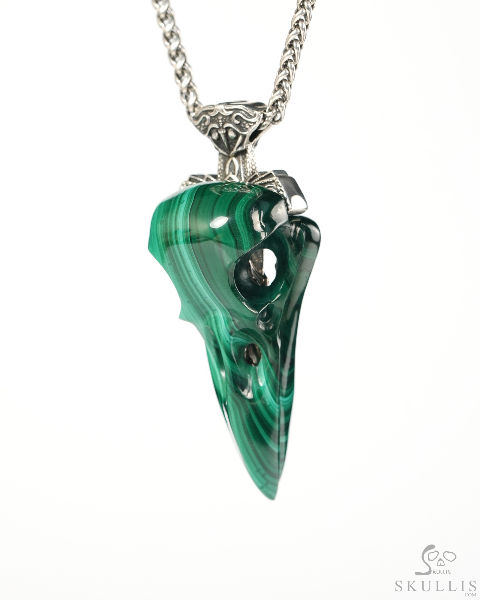 Raven Skull Hidden Sword - 2.6" Malachite Hand Carved Crystal Skull Pendant, Crystal Healing Skull Jewelry, for Women & Men Raven Skull Hidden Sword - 2.6" Malachite Hand Carved Crystal Skull Pendant, Crystal Healing Skull Jewelry, for Women & Men