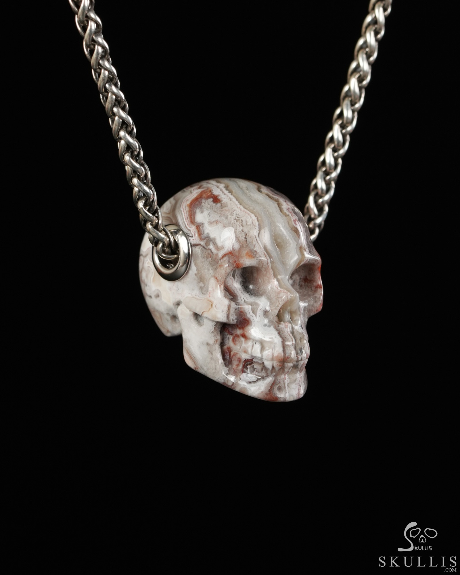 Skullis Signature 1.2" Red Crazy Lace Agate Hand Carved Crystal Skull Pendant, Crystal Healing Skull Jewelry, for Women & Men Skullis Signature 1.2" Red Crazy Lace Agate Hand Carved Crystal Skull Pendant, Crystal Healing Skull Jewelry, for Women & Men