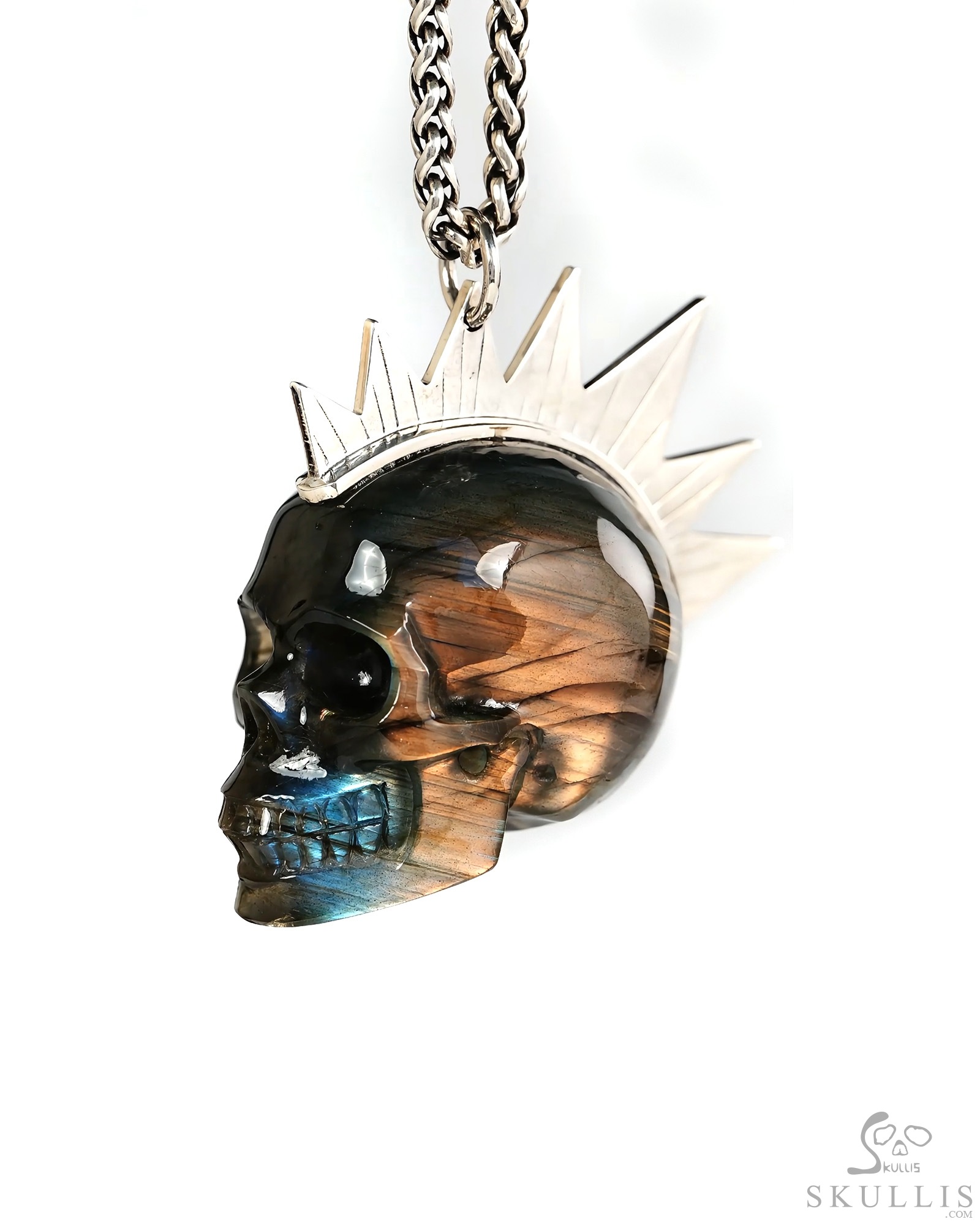 1.8" Labradorite Hand Carved Crystal Skull with Punk Hair in 925 Sterling Silver Pendant, Crystal Healing Skull Jewelry, for Women & Men 1.8" Labradorite Hand Carved Crystal Skull with Punk Hair in 925 Sterling Silver Pendant, Crystal Healing Skull Jewelry, for Women & Men