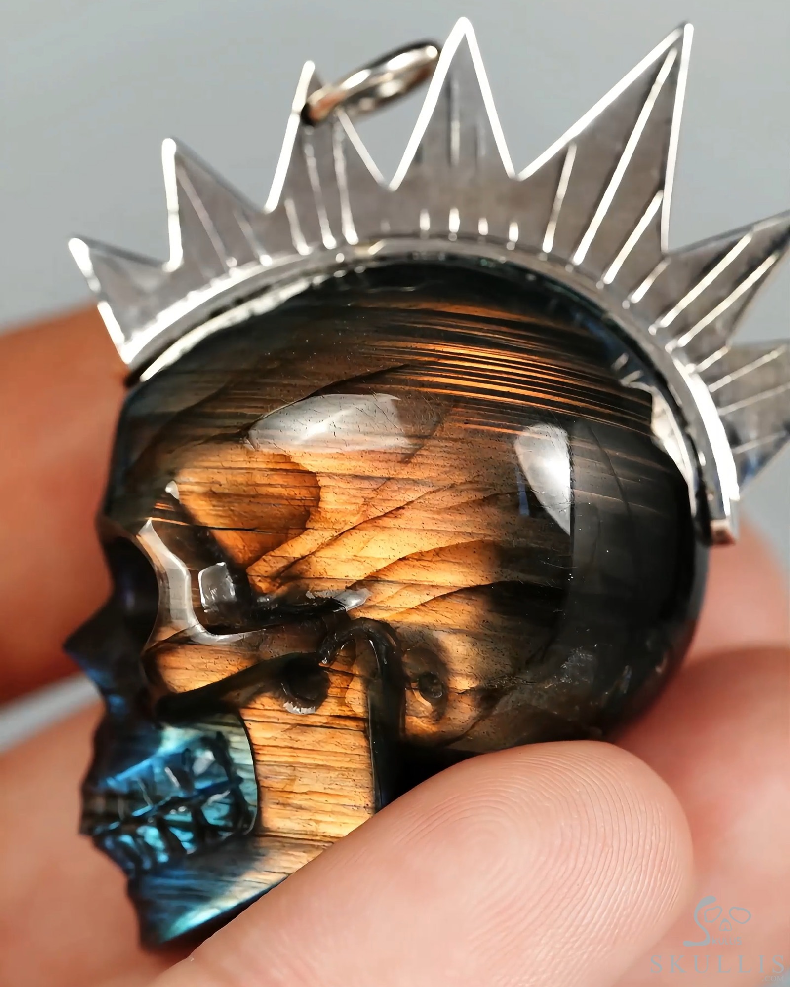 1.8" Labradorite Hand Carved Crystal Skull with Punk Hair in 925 Sterling Silver Pendant, Crystal Healing Skull Jewelry, for Women & Men 1.8" Labradorite Hand Carved Crystal Skull with Punk Hair in 925 Sterling Silver Pendant, Crystal Healing Skull Jewelry, for Women & Men