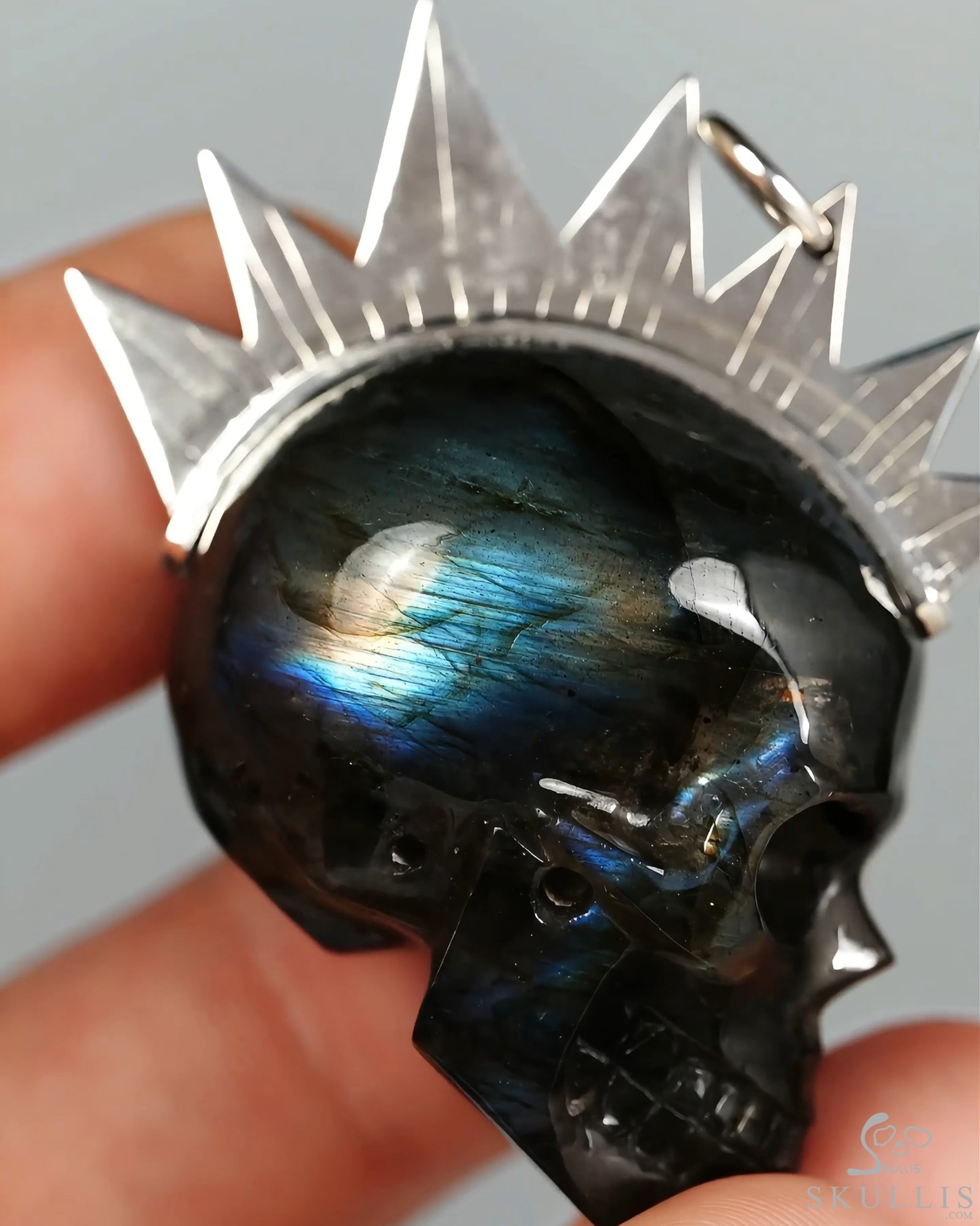 1.8" Labradorite Hand Carved Crystal Skull with Punk Hair in 925 Sterling Silver Pendant, Crystal Healing Skull Jewelry, for Women & Men 1.8" Labradorite Hand Carved Crystal Skull with Punk Hair in 925 Sterling Silver Pendant, Crystal Healing Skull Jewelry, for Women & Men