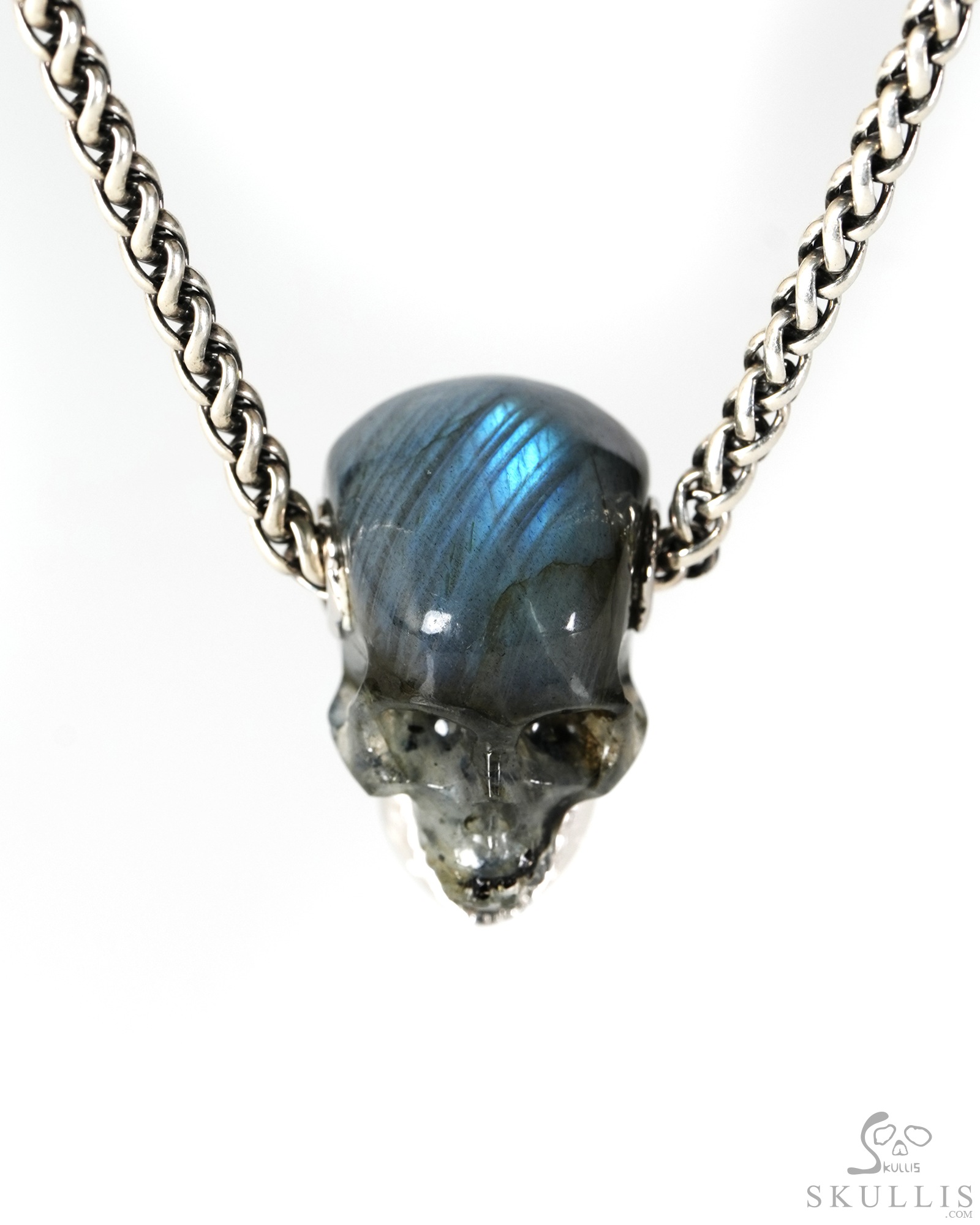 0.9" Labradorite Hand Carved Crystal Skull with Sterling Silver Movable Jaw Pendant, Crystal Healing Skull Jewelry, for Women & Men 0.9" Labradorite Hand Carved Crystal Skull with Sterling Silver Movable Jaw Pendant, Crystal Healing Skull Jewelry, for Women & Men