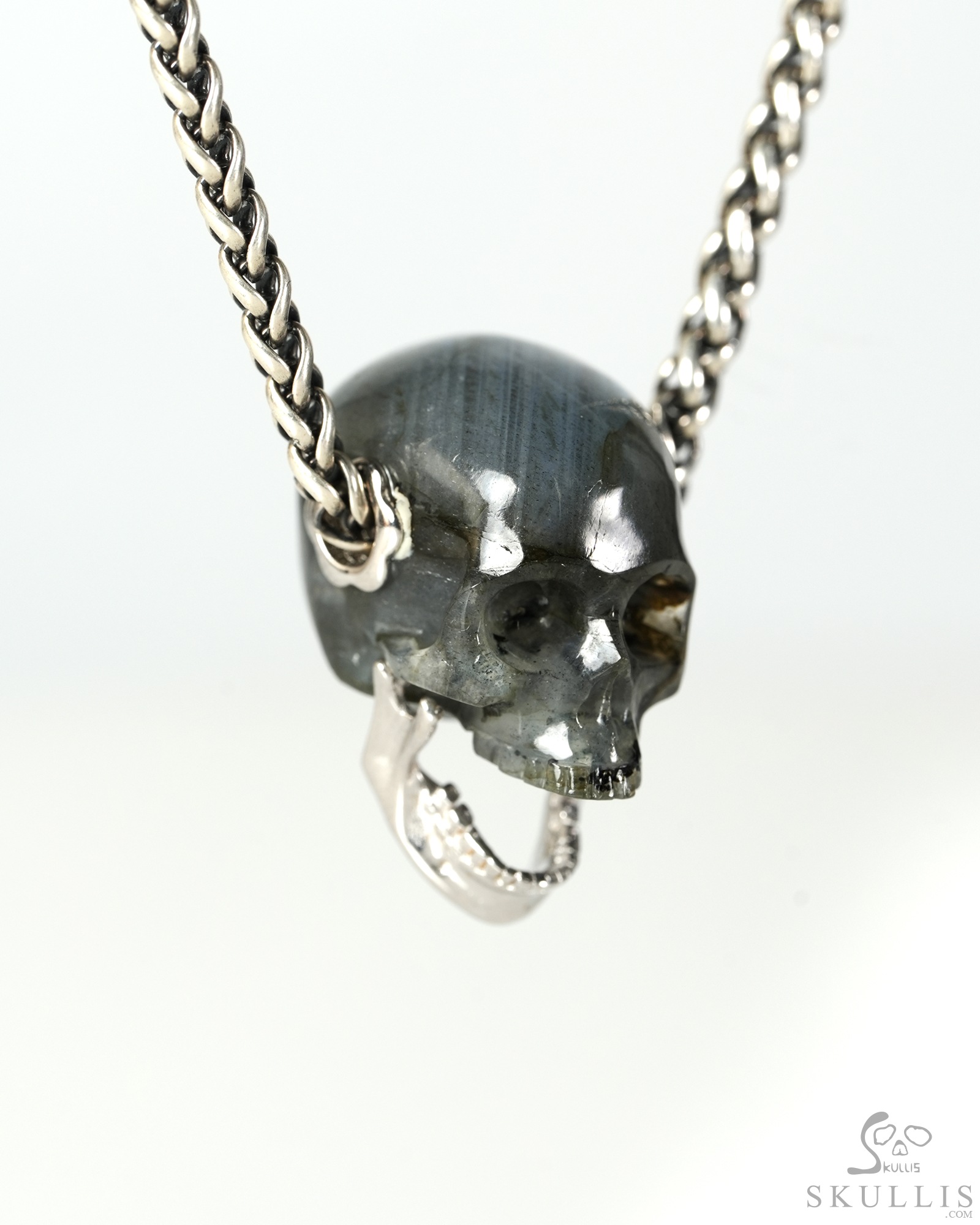 0.9" Labradorite Hand Carved Crystal Skull with Sterling Silver Movable Jaw Pendant, Crystal Healing Skull Jewelry, for Women & Men 0.9" Labradorite Hand Carved Crystal Skull with Sterling Silver Movable Jaw Pendant, Crystal Healing Skull Jewelry, for Women & Men