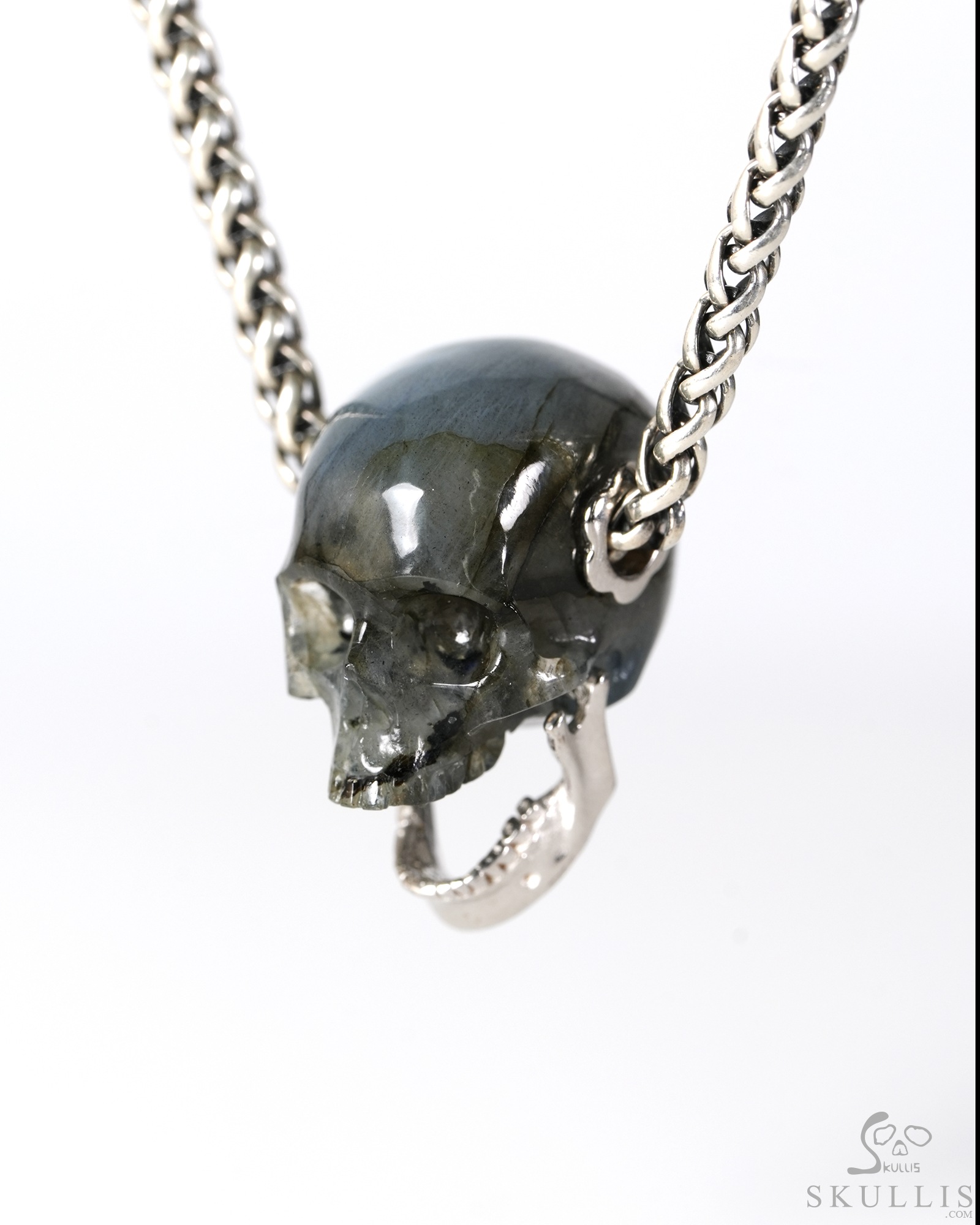 0.9" Labradorite Hand Carved Crystal Skull with Sterling Silver Movable Jaw Pendant, Crystal Healing Skull Jewelry, for Women & Men 0.9" Labradorite Hand Carved Crystal Skull with Sterling Silver Movable Jaw Pendant, Crystal Healing Skull Jewelry, for Women & Men