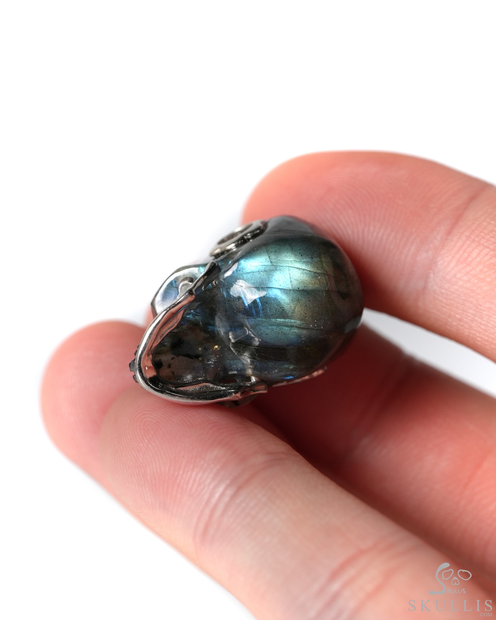 0.9" Labradorite Hand Carved Crystal Skull with Sterling Silver Movable Jaw Pendant, Crystal Healing Skull Jewelry, for Women & Men 0.9" Labradorite Hand Carved Crystal Skull with Sterling Silver Movable Jaw Pendant, Crystal Healing Skull Jewelry, for Women & Men