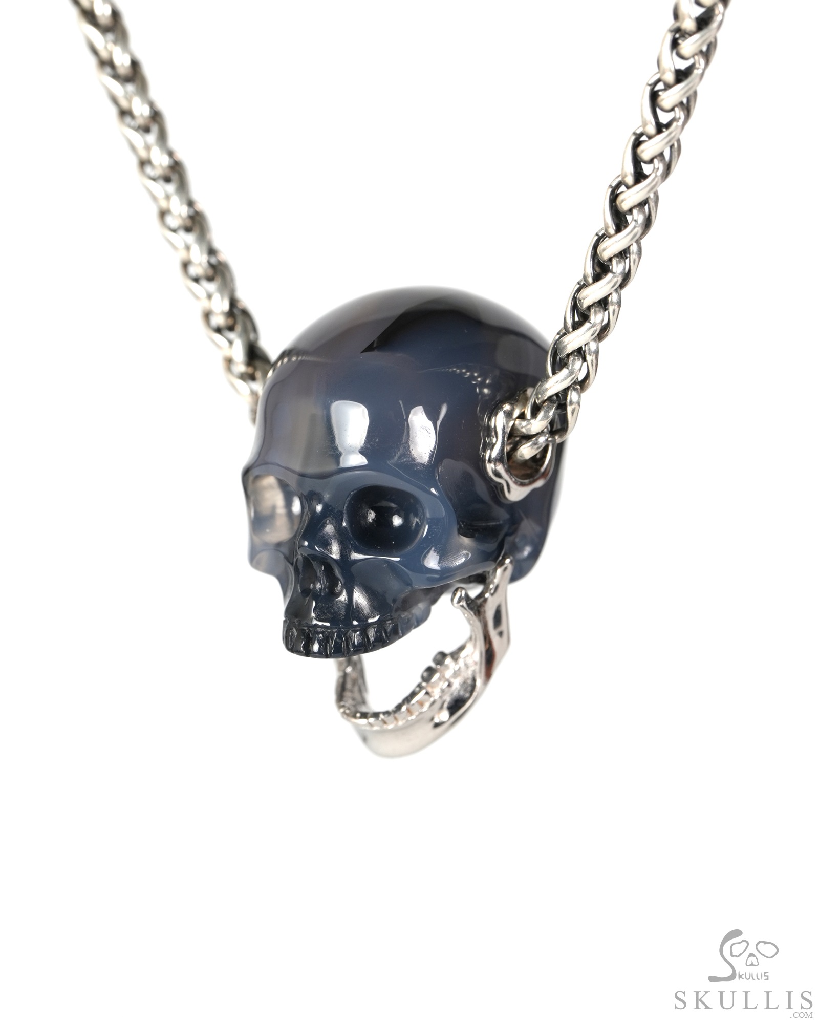 0.9" Agate Hand Carved Crystal Skull with Sterling Silver Movable Jaw Pendant, Crsytal Healing Skull Jewelry, for Women & Men 0.9" Agate Hand Carved Crystal Skull with Sterling Silver Movable Jaw Pendant, Crsytal Healing Skull Jewelry, for Women & Men