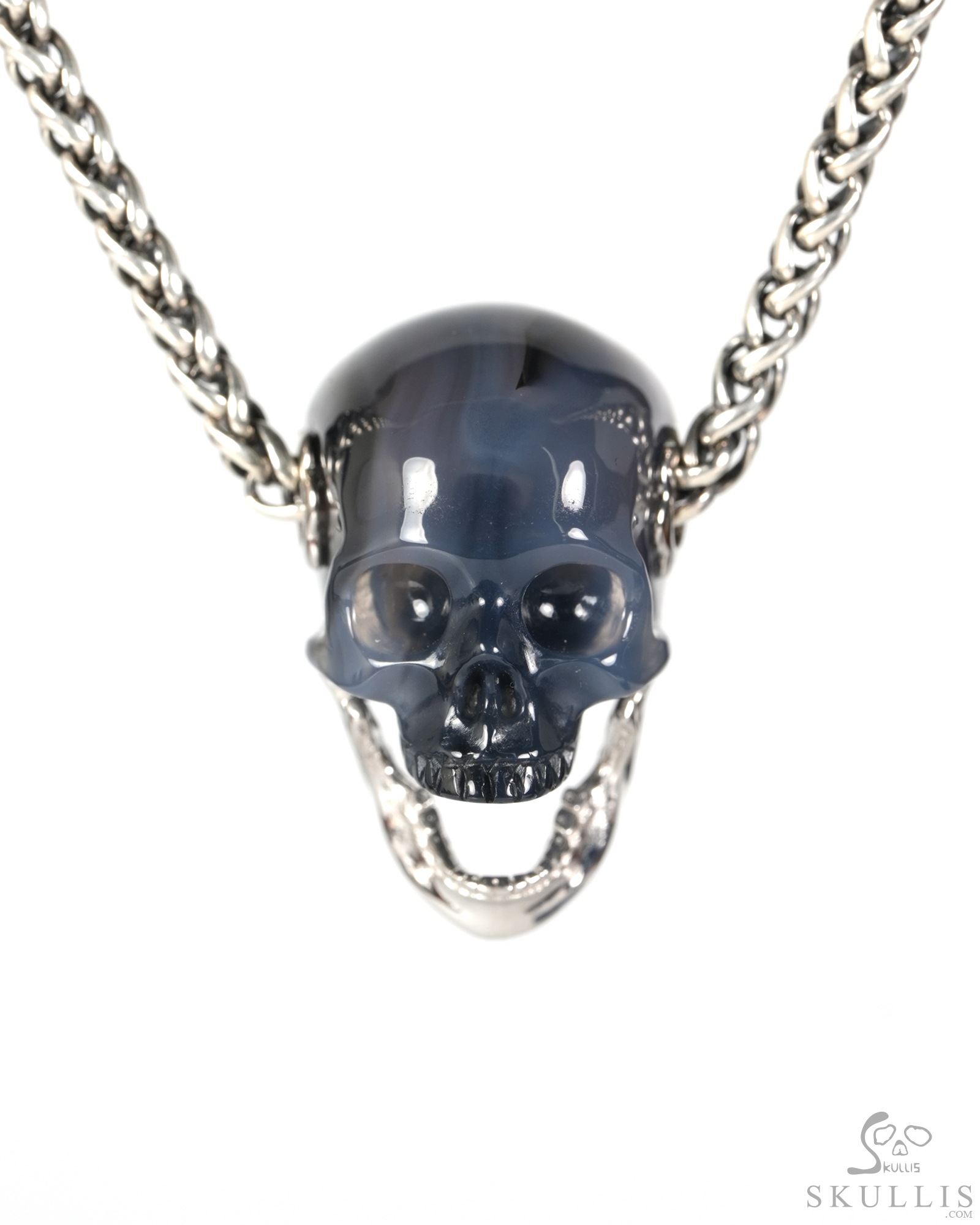 0.9" Agate Hand Carved Crystal Skull with Sterling Silver Movable Jaw Pendant, Crsytal Healing Skull Jewelry, for Women & Men 0.9" Agate Hand Carved Crystal Skull with Sterling Silver Movable Jaw Pendant, Crsytal Healing Skull Jewelry, for Women & Men