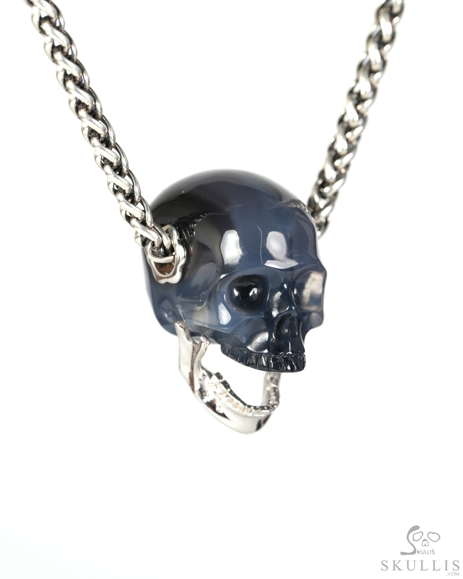 0.9" Agate Hand Carved Crystal Skull with Sterling Silver Movable Jaw Pendant, Crsytal Healing Skull Jewelry, for Women & Men 0.9" Agate Hand Carved Crystal Skull with Sterling Silver Movable Jaw Pendant, Crsytal Healing Skull Jewelry, for Women & Men
