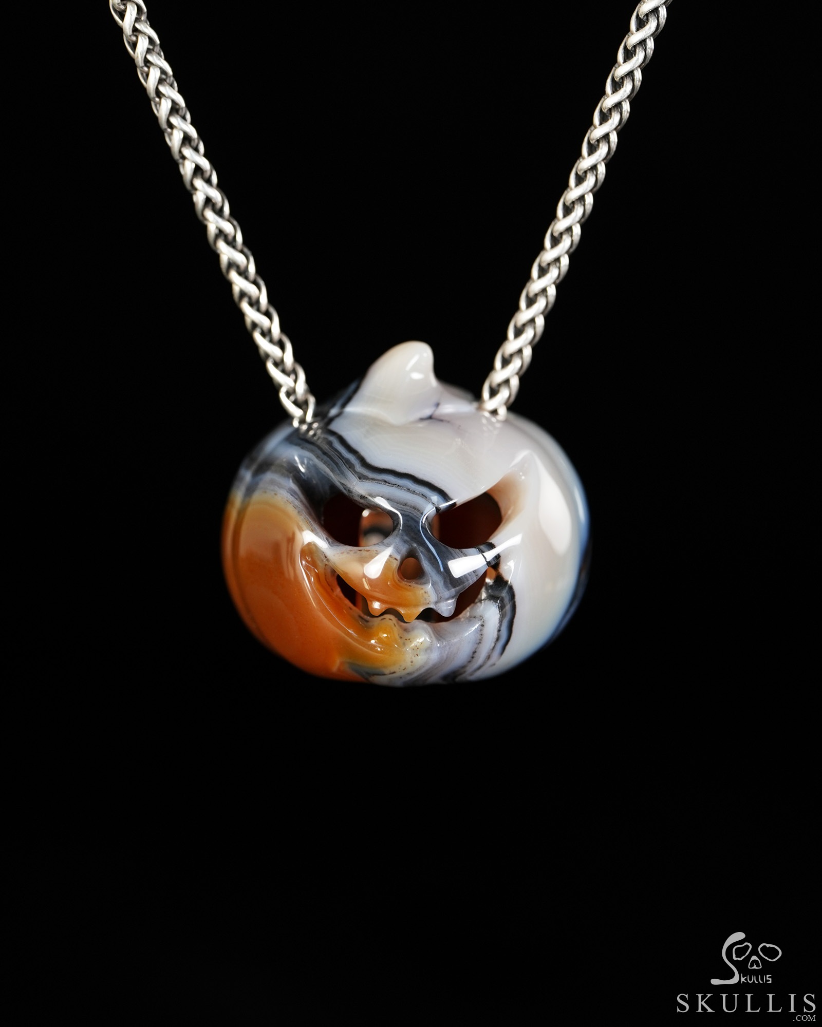Hollow Essence - 1.4" Agate Hand Carved Crystal Pumpkin Skull Pendant, Crystal Healing Skull Jewelry, for Women & Men Hollow Essence - 1.4" Agate Hand Carved Crystal Pumpkin Skull Pendant, Crystal Healing Skull Jewelry, for Women & Men