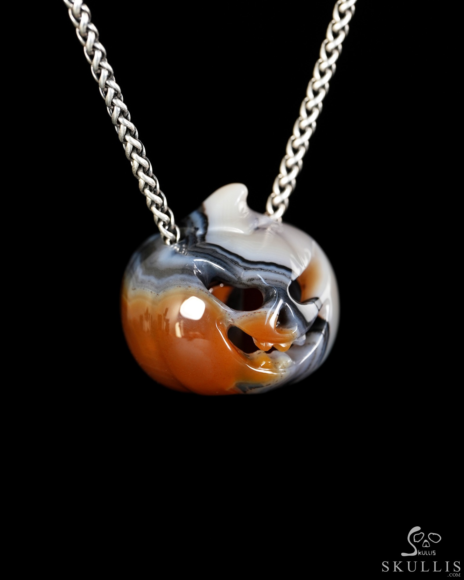 Hollow Essence - 1.4" Agate Hand Carved Crystal Pumpkin Skull Pendant, Crystal Healing Skull Jewelry, for Women & Men Hollow Essence - 1.4" Agate Hand Carved Crystal Pumpkin Skull Pendant, Crystal Healing Skull Jewelry, for Women & Men