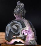 Original 6.5" Agate Amethyst Geode Carved Crystal Skull With Owl Standing Sculpture, Crystal Healing