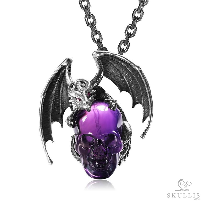 Crown of Ash and Bone - Necklace of Amethyst Hand Carved Crystal Skull with Ruby Eyes Dragon, Crystal Healing Skull Jewelry, for Women & Men Crown of Ash and Bone - Necklace of Amethyst Hand Carved Crystal Skull with Ruby Eyes Dragon, Crystal Healing Skull Jewelry, for Women & Men