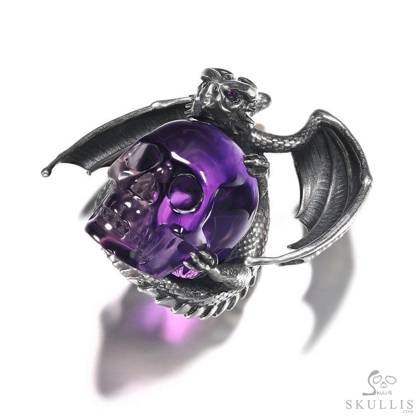 Crown of Ash and Bone - Necklace of Amethyst Hand Carved Crystal Skull with Ruby Eyes Dragon, Crystal Healing Skull Jewelry, for Women & Men Crown of Ash and Bone - Necklace of Amethyst Hand Carved Crystal Skull with Ruby Eyes Dragon, Crystal Healing Skull Jewelry, for Women & Men