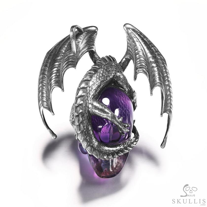 Crown of Ash and Bone - Necklace of Amethyst Hand Carved Crystal Skull with Ruby Eyes Dragon, Crystal Healing Skull Jewelry, for Women & Men Crown of Ash and Bone - Necklace of Amethyst Hand Carved Crystal Skull with Ruby Eyes Dragon, Crystal Healing Skull Jewelry, for Women & Men