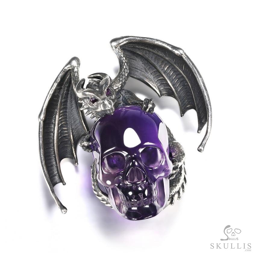 Crown of Ash and Bone - Necklace of Amethyst Hand Carved Crystal Skull with Ruby Eyes Dragon, Crystal Healing Skull Jewelry, for Women & Men Crown of Ash and Bone - Necklace of Amethyst Hand Carved Crystal Skull with Ruby Eyes Dragon, Crystal Healing Skull Jewelry, for Women & Men