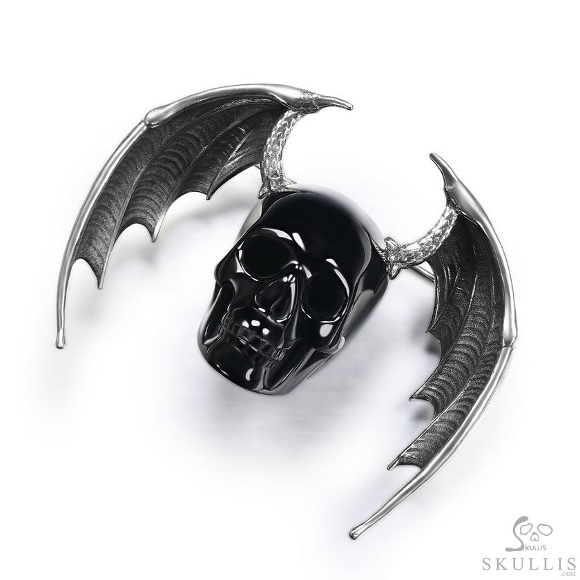 Black Obsidian & 925 Sterling Silver Carved Crystal Skull Brooch, Skull Jewelry Black Obsidian & 925 Sterling Silver Carved Crystal Skull Brooch, Skull Jewelry