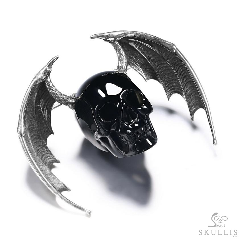 Black Obsidian & 925 Sterling Silver Carved Crystal Skull Brooch, Skull Jewelry Black Obsidian & 925 Sterling Silver Carved Crystal Skull Brooch, Skull Jewelry