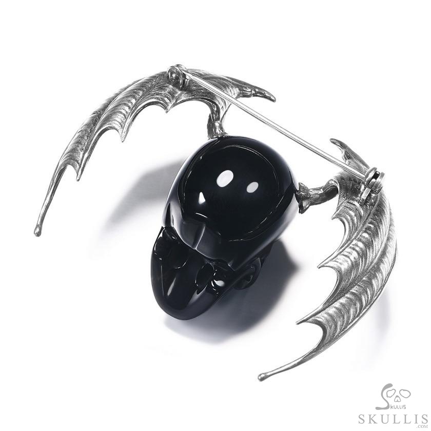 Black Obsidian & 925 Sterling Silver Carved Crystal Skull Brooch, Skull Jewelry Black Obsidian & 925 Sterling Silver Carved Crystal Skull Brooch, Skull Jewelry
