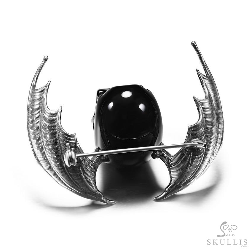 Black Obsidian & 925 Sterling Silver Carved Crystal Skull Brooch, Skull Jewelry Black Obsidian & 925 Sterling Silver Carved Crystal Skull Brooch, Skull Jewelry