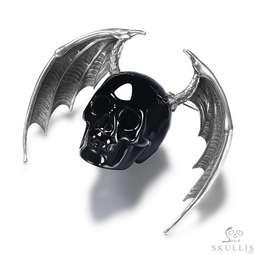 Black Obsidian & 925 Sterling Silver Carved Crystal Skull Brooch, Skull Jewelry Black Obsidian & 925 Sterling Silver Carved Crystal Skull Brooch, Skull Jewelry