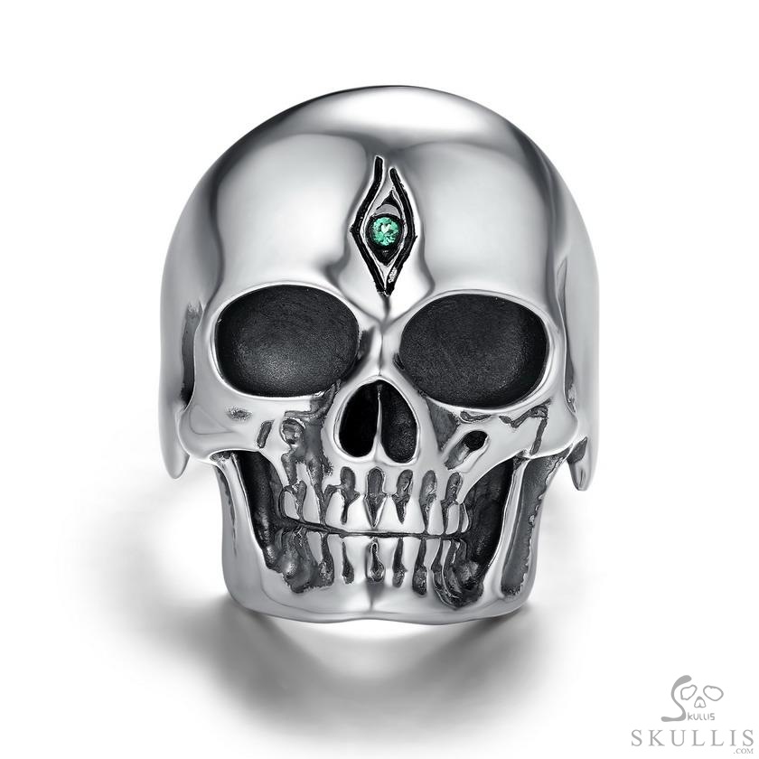 925 Sterling Silver Carved Crystal Skull with Tsavorite Eyes Ring, Skull Jewelry 925 Sterling Silver Carved Crystal Skull with Tsavorite Eyes Ring, Skull Jewelry