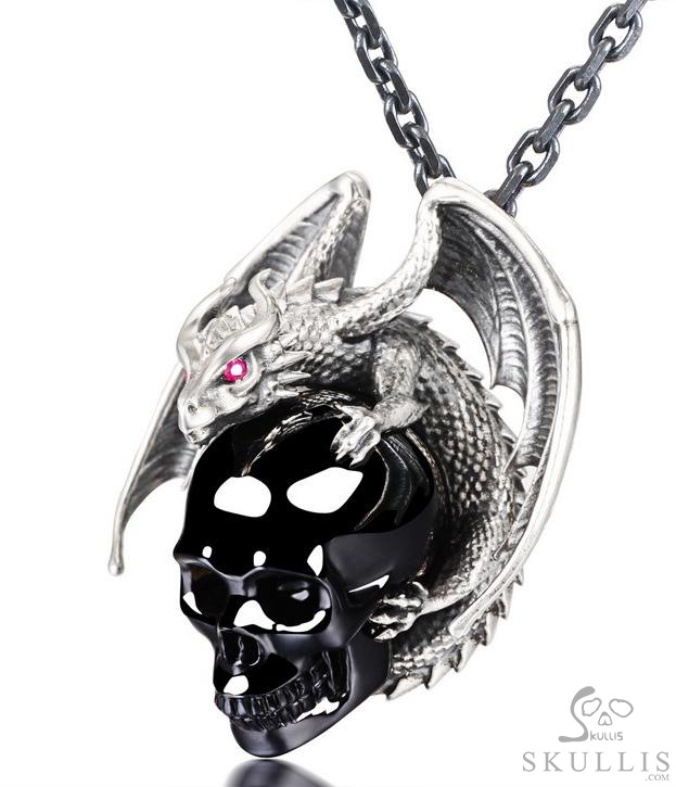 Crown of Ash and Bone - Necklace of Black Obsidian Hand Carved Crystal Skull with Ruby Eyes Dragon, Crystal Healing Skull Jewelry, for Women & Men Crown of Ash and Bone - Necklace of Black Obsidian Hand Carved Crystal Skull with Ruby Eyes Dragon, Crystal Healing Skull Jewelry, for Women & Men