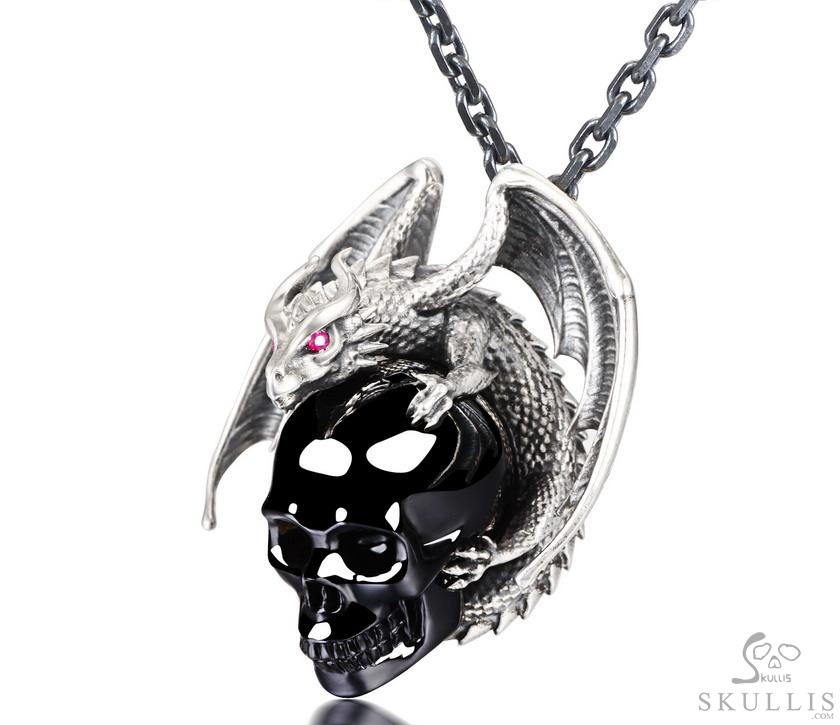 Crown of Ash and Bone - Necklace of Black Obsidian Hand Carved Crystal Skull with Ruby Eyes Dragon, Crystal Healing Skull Jewelry, for Women & Men Crown of Ash and Bone - Necklace of Black Obsidian Hand Carved Crystal Skull with Ruby Eyes Dragon, Crystal Healing Skull Jewelry, for Women & Men