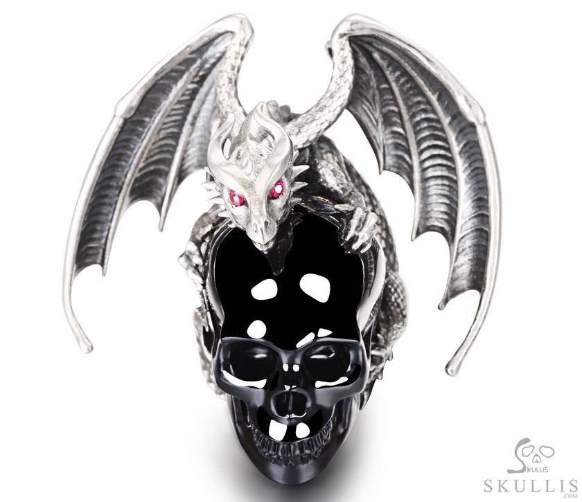 Crown of Ash and Bone - Necklace of Black Obsidian Hand Carved Crystal Skull with Ruby Eyes Dragon, Crystal Healing Skull Jewelry, for Women & Men Crown of Ash and Bone - Necklace of Black Obsidian Hand Carved Crystal Skull with Ruby Eyes Dragon, Crystal Healing Skull Jewelry, for Women & Men