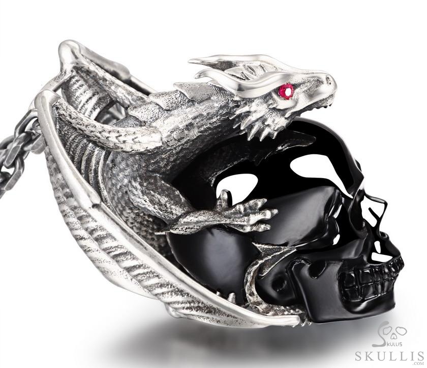 Crown of Ash and Bone - Necklace of Black Obsidian Hand Carved Crystal Skull with Ruby Eyes Dragon, Crystal Healing Skull Jewelry, for Women & Men Crown of Ash and Bone - Necklace of Black Obsidian Hand Carved Crystal Skull with Ruby Eyes Dragon, Crystal Healing Skull Jewelry, for Women & Men