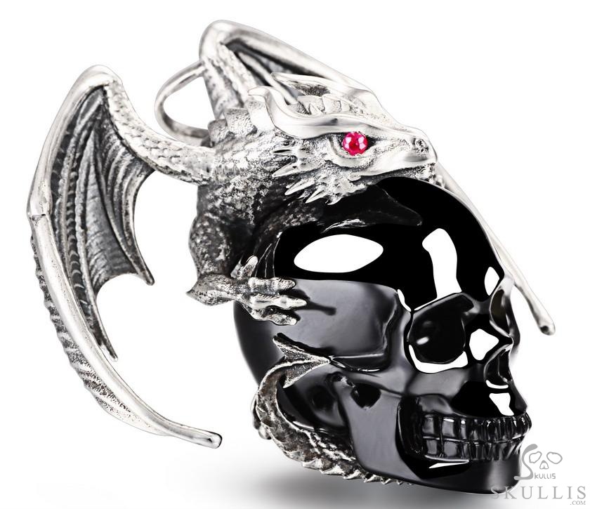 Crown of Ash and Bone - Necklace of Black Obsidian Hand Carved Crystal Skull with Ruby Eyes Dragon, Crystal Healing Skull Jewelry, for Women & Men Crown of Ash and Bone - Necklace of Black Obsidian Hand Carved Crystal Skull with Ruby Eyes Dragon, Crystal Healing Skull Jewelry, for Women & Men