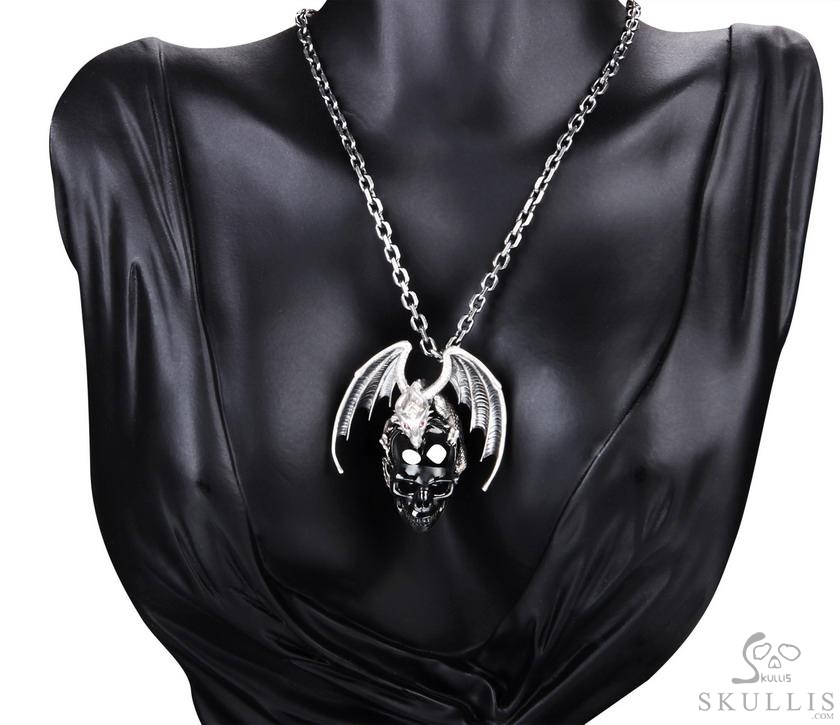 Crown of Ash and Bone - Necklace of Black Obsidian Hand Carved Crystal Skull with Ruby Eyes Dragon, Crystal Healing Skull Jewelry, for Women & Men Crown of Ash and Bone - Necklace of Black Obsidian Hand Carved Crystal Skull with Ruby Eyes Dragon, Crystal Healing Skull Jewelry, for Women & Men