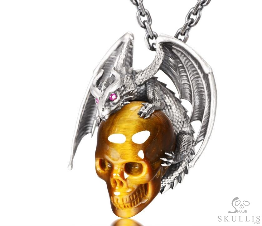 Crown of Ash and Bone - Necklace of Gold Tiger's Eye Hand Carved Crystal Skull with Ruby Eyes Dragon, Crystal Healing Skull Jewelry, for Women & Men Crown of Ash and Bone - Necklace of Gold Tiger's Eye Hand Carved Crystal Skull with Ruby Eyes Dragon, Crystal Healing Skull Jewelry, for Women & Men
