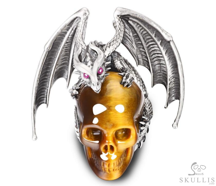 Crown of Ash and Bone - Necklace of Gold Tiger's Eye Hand Carved Crystal Skull with Ruby Eyes Dragon, Crystal Healing Skull Jewelry, for Women & Men Crown of Ash and Bone - Necklace of Gold Tiger's Eye Hand Carved Crystal Skull with Ruby Eyes Dragon, Crystal Healing Skull Jewelry, for Women & Men
