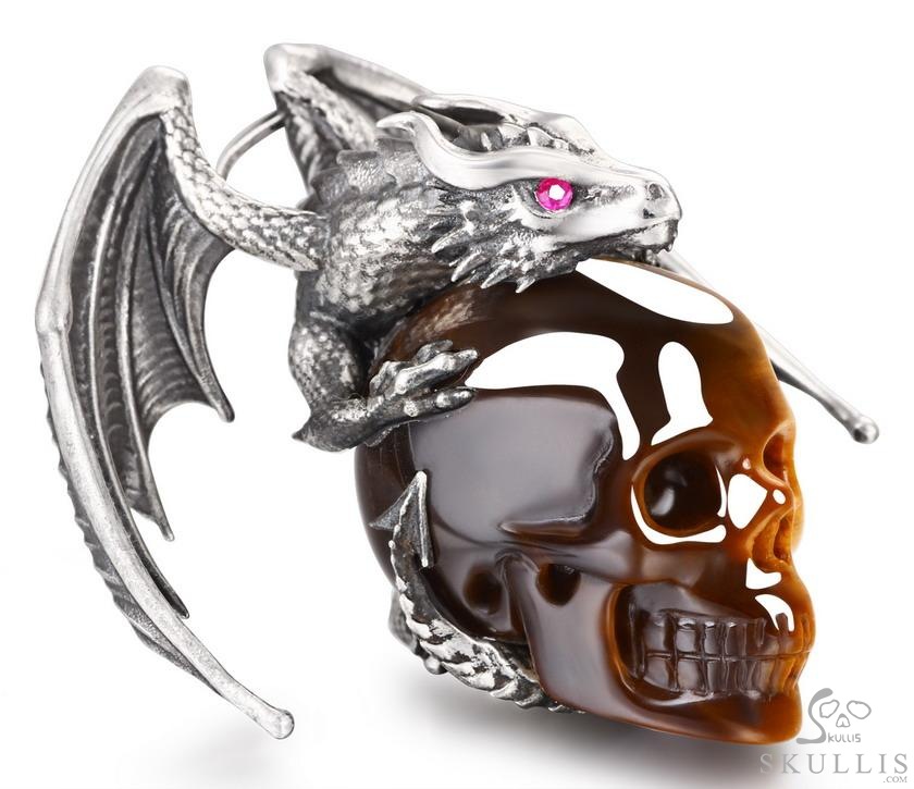 Crown of Ash and Bone - Necklace of Gold Tiger's Eye Hand Carved Crystal Skull with Ruby Eyes Dragon, Crystal Healing Skull Jewelry, for Women & Men Crown of Ash and Bone - Necklace of Gold Tiger's Eye Hand Carved Crystal Skull with Ruby Eyes Dragon, Crystal Healing Skull Jewelry, for Women & Men