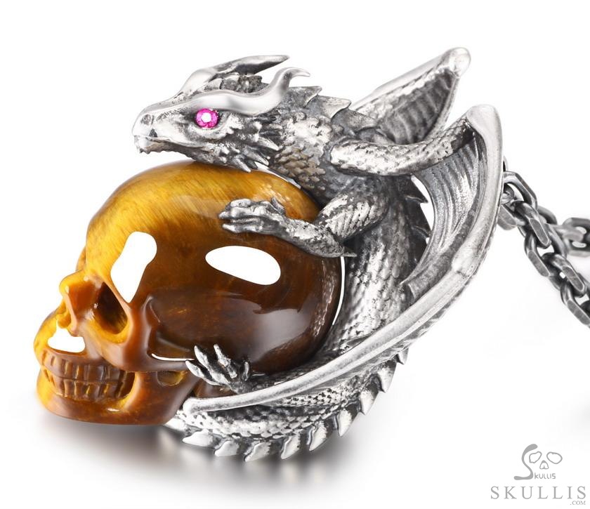 Crown of Ash and Bone - Necklace of Gold Tiger's Eye Hand Carved Crystal Skull with Ruby Eyes Dragon, Crystal Healing Skull Jewelry, for Women & Men Crown of Ash and Bone - Necklace of Gold Tiger's Eye Hand Carved Crystal Skull with Ruby Eyes Dragon, Crystal Healing Skull Jewelry, for Women & Men