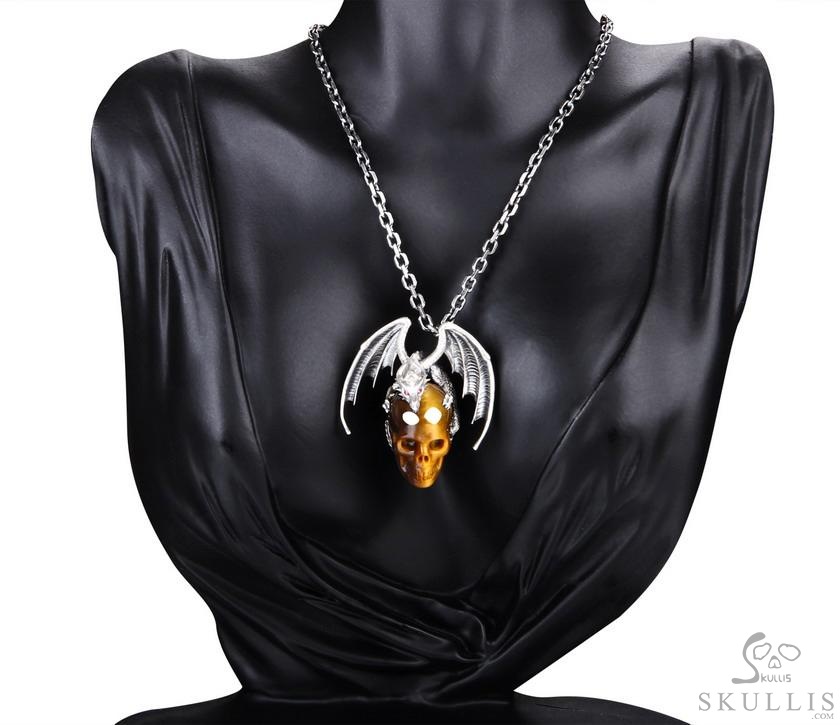 Crown of Ash and Bone - Necklace of Gold Tiger's Eye Hand Carved Crystal Skull with Ruby Eyes Dragon, Crystal Healing Skull Jewelry, for Women & Men Crown of Ash and Bone - Necklace of Gold Tiger's Eye Hand Carved Crystal Skull with Ruby Eyes Dragon, Crystal Healing Skull Jewelry, for Women & Men