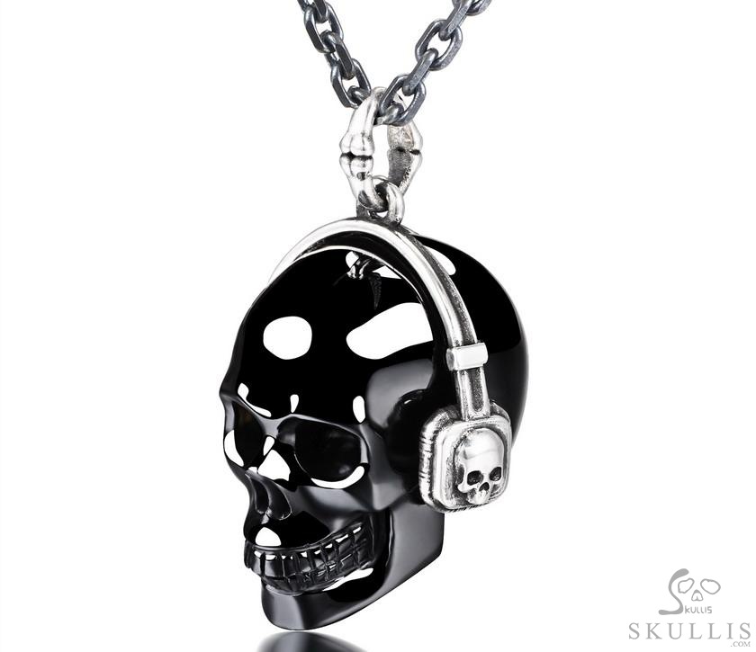 Echo of the Silent DJ - Necklace of 1.2" Black Obsidian Hand Carved Crystal Skull with 925 Silver Headset Pendant, Crystal Healing Skull Jewelry, for Women & Men Echo of the Silent DJ - Necklace of 1.2" Black Obsidian Hand Carved Crystal Skull with 925 Silver Headset Pendant, Crystal Healing Skull Jewelry, for Women & Men
