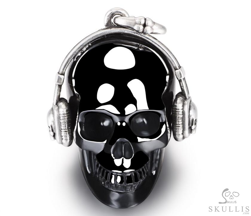 Echo of the Silent DJ - Necklace of 1.2" Black Obsidian Hand Carved Crystal Skull with 925 Silver Headset Pendant, Crystal Healing Skull Jewelry, for Women & Men Echo of the Silent DJ - Necklace of 1.2" Black Obsidian Hand Carved Crystal Skull with 925 Silver Headset Pendant, Crystal Healing Skull Jewelry, for Women & Men