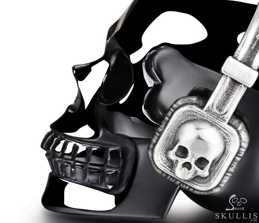 Echo of the Silent DJ - Necklace of 1.2" Black Obsidian Hand Carved Crystal Skull with 925 Silver Headset Pendant, Crystal Healing Skull Jewelry, for Women & Men Echo of the Silent DJ - Necklace of 1.2" Black Obsidian Hand Carved Crystal Skull with 925 Silver Headset Pendant, Crystal Healing Skull Jewelry, for Women & Men
