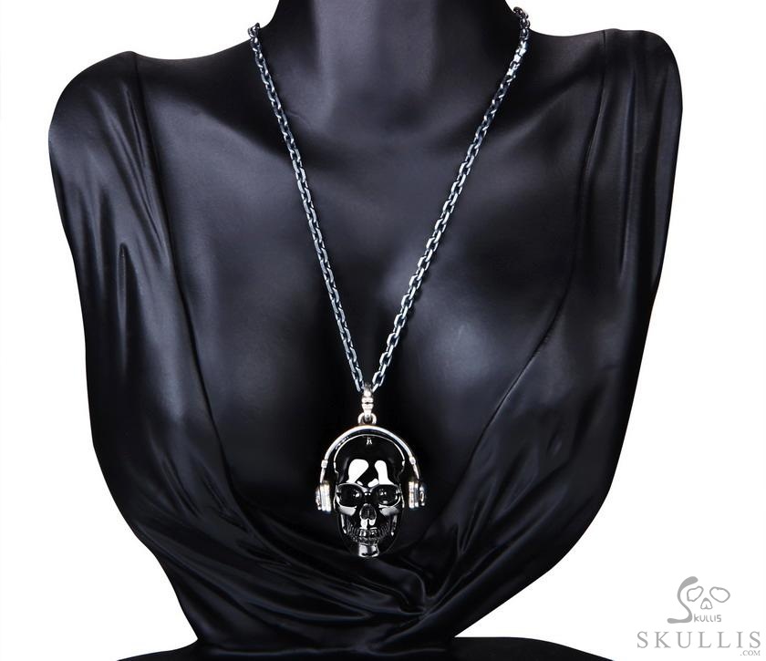 Echo of the Silent DJ - Necklace of 1.2" Black Obsidian Hand Carved Crystal Skull with 925 Silver Headset Pendant, Crystal Healing Skull Jewelry, for Women & Men Echo of the Silent DJ - Necklace of 1.2" Black Obsidian Hand Carved Crystal Skull with 925 Silver Headset Pendant, Crystal Healing Skull Jewelry, for Women & Men