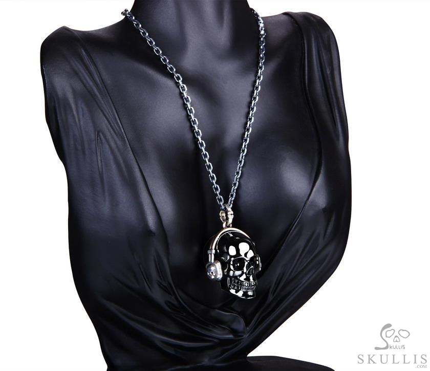 Echo of the Silent DJ - Necklace of 1.2" Black Obsidian Hand Carved Crystal Skull with 925 Silver Headset Pendant, Crystal Healing Skull Jewelry, for Women & Men Echo of the Silent DJ - Necklace of 1.2" Black Obsidian Hand Carved Crystal Skull with 925 Silver Headset Pendant, Crystal Healing Skull Jewelry, for Women & Men