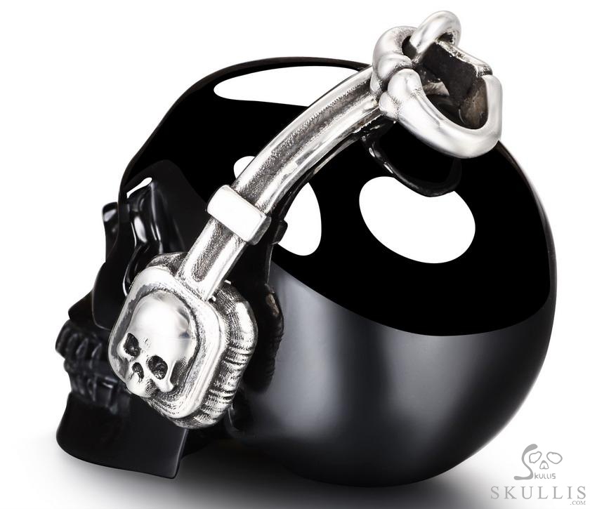 Echo of the Silent DJ - Necklace of 1.4" Black Obsidian Hand Carved Crystal Skull with 925 Silver Headset Pendant, Crystal Healing Skull Jewelry, for Women & Men Echo of the Silent DJ - Necklace of 1.4" Black Obsidian Hand Carved Crystal Skull with 925 Silver Headset Pendant, Crystal Healing Skull Jewelry, for Women & Men