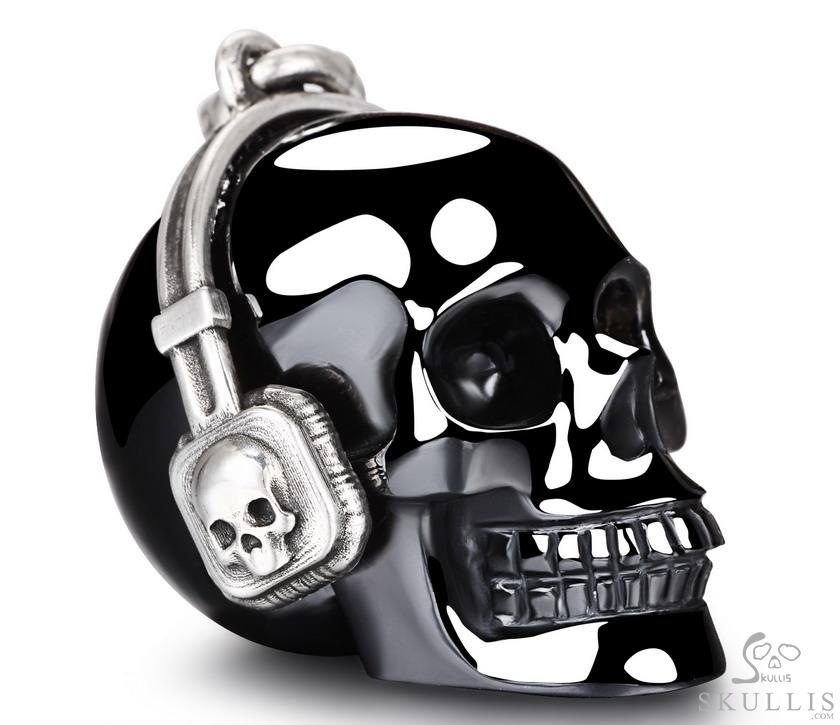 Echo of the Silent DJ - Necklace of 1.4" Black Obsidian Hand Carved Crystal Skull with 925 Silver Headset Pendant, Crystal Healing Skull Jewelry, for Women & Men Echo of the Silent DJ - Necklace of 1.4" Black Obsidian Hand Carved Crystal Skull with 925 Silver Headset Pendant, Crystal Healing Skull Jewelry, for Women & Men